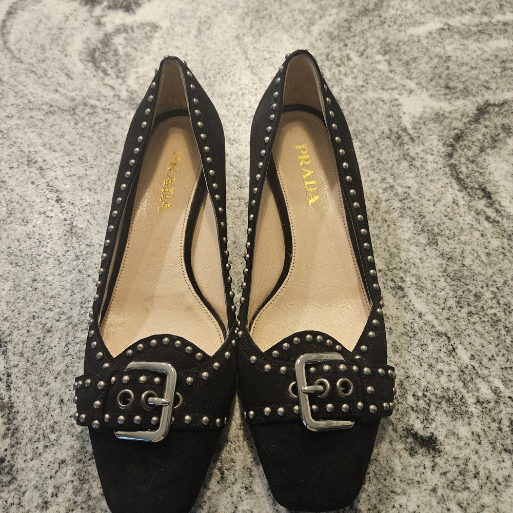 Prada Black Studded Suede Buckle Pumps-Size 36